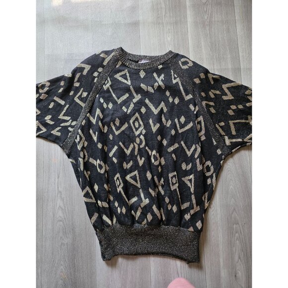 Sharon Anthony Geometric Pattern Sweater Lurex Metallic Black & Gold Batwing 22w - Picture 4 of 9